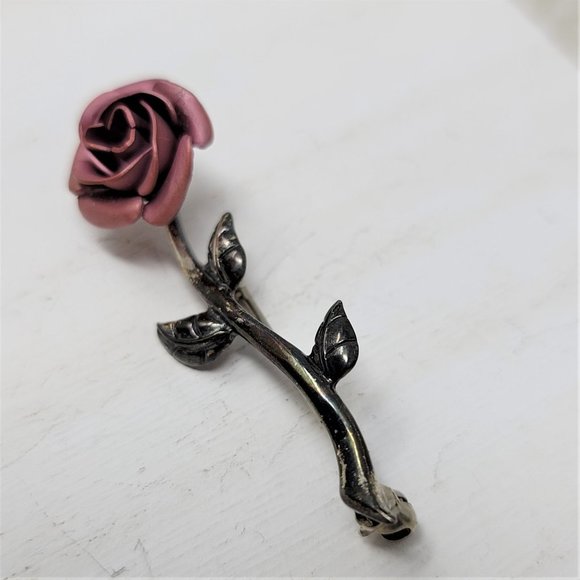 Delicate Sterling Silver Red Rose Pin Brooch Marked 925 Vintage - Picture 5 of 7